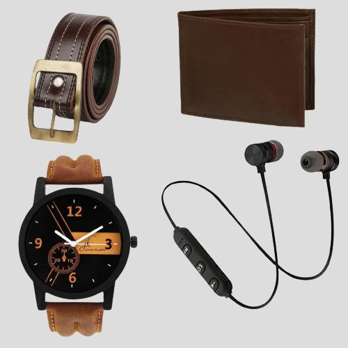 Shine Zone™  Combo Of Men's Watch , Wallet, Belt And Wireless Bluetooth Earphone with Mic